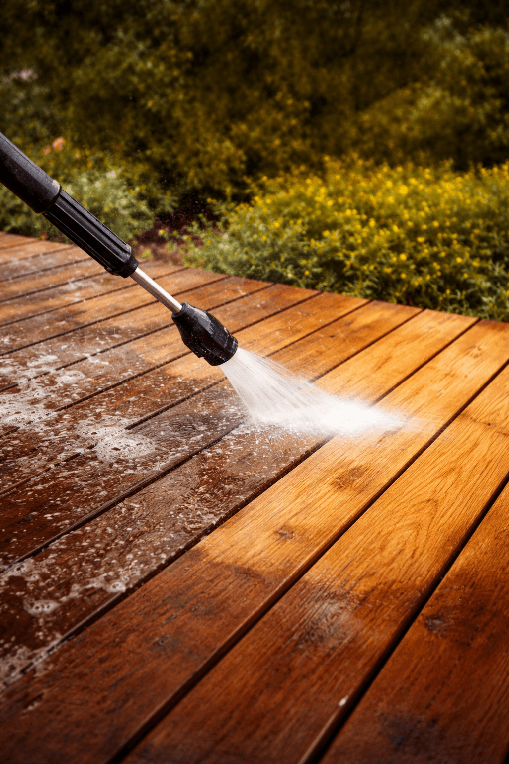 Professional deep cleaning and brightening of a wood deck