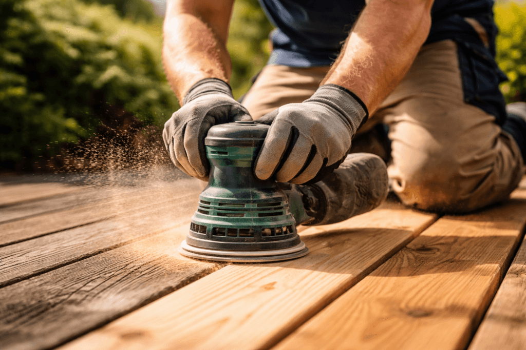 Professional deck stripping and sanding during refinishing service